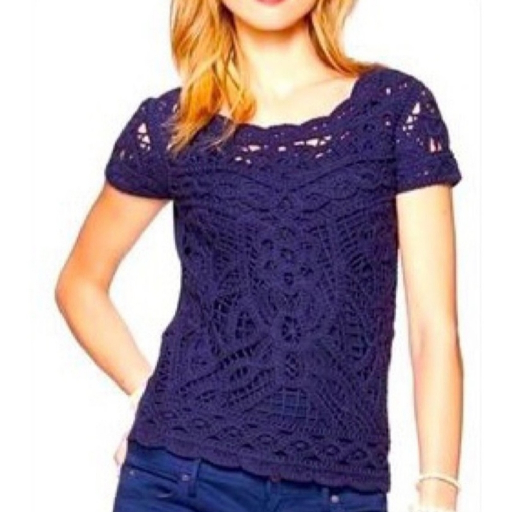 Navy Lilly Pulitzer Crochet Knit Cap Sleeve Top XS Boho